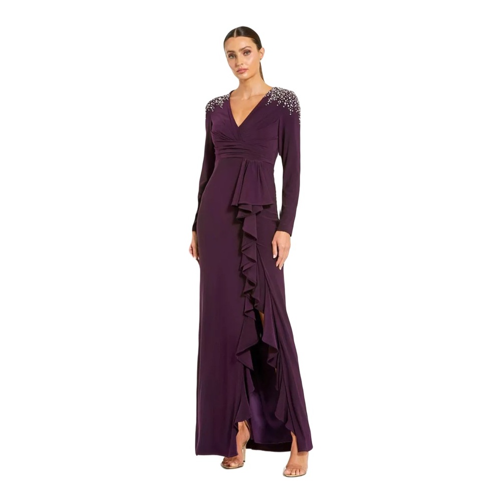 Ieena for Mac Duggal sz 10 Purple Long sleeve Midi Dress Crystal & Pink Gems new